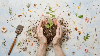 weathered hands tenderly cradle a delicate seedling, surrounded by an artful arrangement of vintage gardening tools, rich soil, and scattered wildflower petals