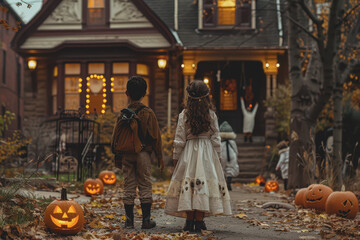Children dress up as evil spirits for Halloween. Knock on a festively decorated Halloween house.