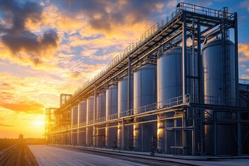 Fototapeta premium Industrial tanks at sunset. This photo is perfect for projects related to manufacturing, industry, and production.