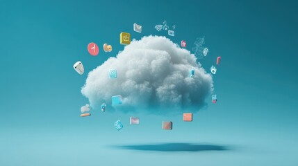 A cloud with various digital icons floating above it