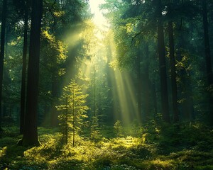 Fototapeta premium A breathtaking nature landscape showcasing sunlight piercing through tall green trees in a mystical forest setting, evoking serenity