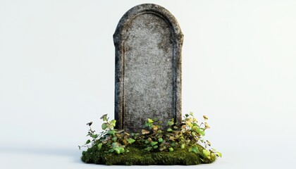 A weathered gravestone with green moss and vines isolated against a white background