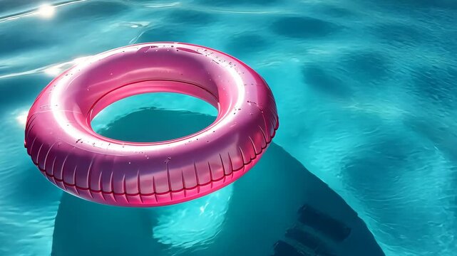 Pink inflatable ring floating in a pool under sunlight. Summer leisure and relaxation concept.