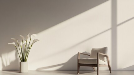 armchair and a vase with white calla lily flowers in empty room, bathed in soft nordic light minimalist modern living room interior, whispers of hygge empty wall beckons artistic expression