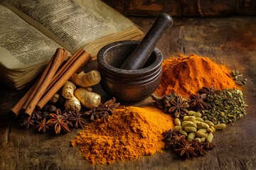 Arrangement of medicinal spices with turmeric, ginger, cinnamon, cloves, and star anise beside mortar, pestle, and herbal book