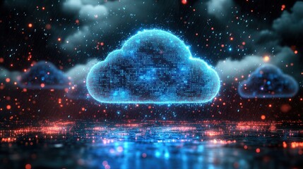 A digital cloud icon composed of glowing blue binary code, suspended in a dark cyberspace, with red and blue digital rain falling around it, symbolizing data storage, connectivity, and the evolution 
