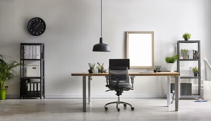 Modern office setting with industrial elements and white wall for mockups. 3D Rendering