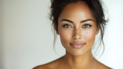 Fototapeta premium woman with radiant youthful skin looking directly into the camera with confidence against a light cream background