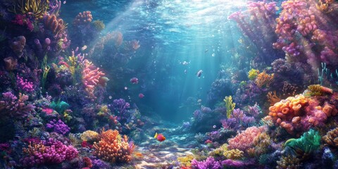 Fototapeta premium Colorful coral reef with fish in blue water.
