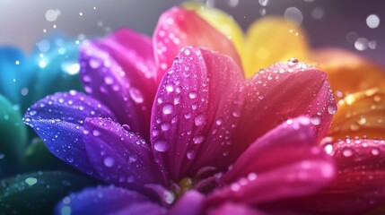 Colored flowers in a bouquet, vibrant spectrum explosion, prismatic petal arrangements, hyperrealistic dewdrops, surreal color gradients, macro lens details, ethereal backlighting, swirling bokeh