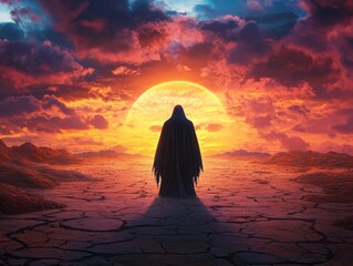 Grim Reaper in a Barren Desert at Sunset