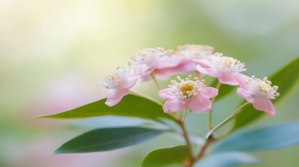 delicate cluster of pink gum blossoms bursts forth from sea of muted green leaves macro detail reveals intricate stamen structure soft bokeh effect on background creates dreamy atmosphere occasional