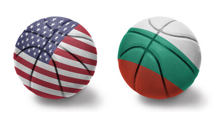 basketball balls with the national flags of united states of america and bulgaria on the white background.