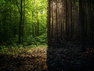 Obraz premium A Contrasting Coexistence Lush Verdant Forest and Scorched Woodland Landscape
