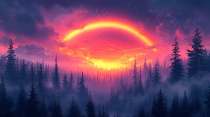 Fototapeta premium A vibrant sunset over a misty forest, with mountains in the background.