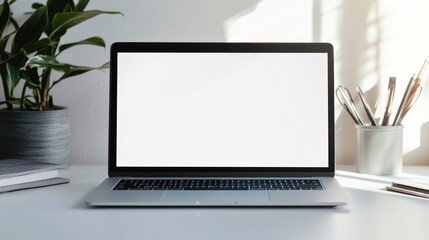Fototapeta premium Laptop on a White Desk with a Plant