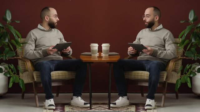 Duplicate young businessman talking while sitting in armchair with digital tablet during workday in office
