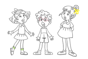 Two little girls and one funny boy sing together. Black and white picture with color accents. For coloring book. Isolated on white background. Vector illustration.