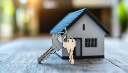 New house keys on a keychain beside a mini home symbolizing a mortgage