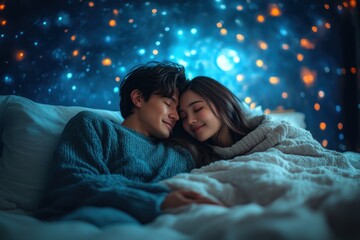 A young couple lies in bed together, eyes closed, as a magical starry night sky shines above them.  They are cozy and comfortable, enjoying each other's company.