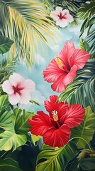 Fototapeta premium Tropical Hibiscus Flowers and Lush Green Foliage