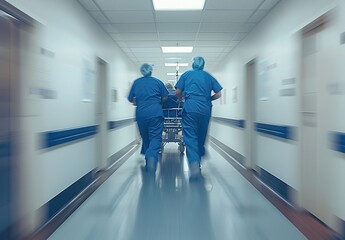 Obraz premium Blurred figures of people with medical uniforms in hospital corridor 