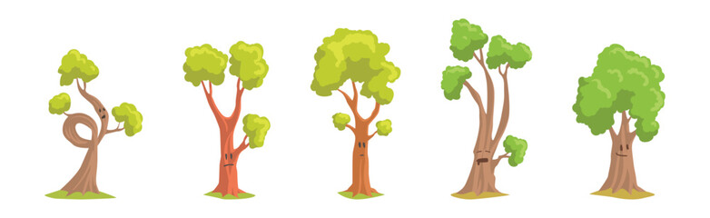 Cute Tree Character with Trunk and Green Crown Have Face Vector Set