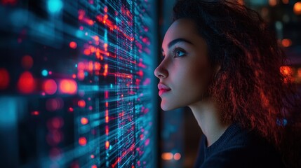 A young woman with dark curly hair looks intently at a digital screen with glowing lines and dots in red and blue.