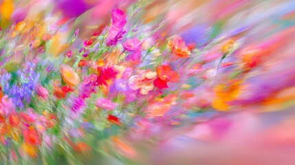 Obraz premium explosion of multi-hued flowers fills frame, heralding spring's arrival painterly effect blends blooms into impressionistic tapestry sunlight dances across petals, creating prismatic display subtle