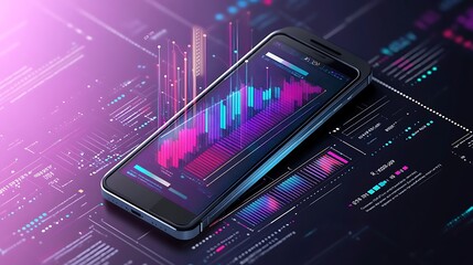 Smartphone Display with Interactive 3D Bar Graph and Business Data neon color photo