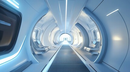 Fototapeta premium A long hallway with white walls and a light at the end.