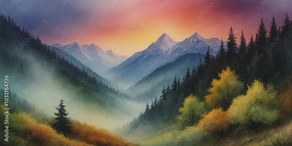 Poster a painting of a mountain range with a tree in the foreground