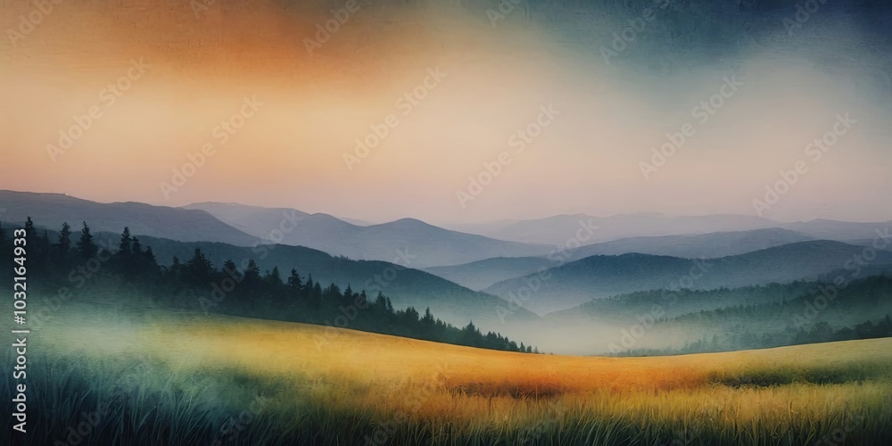 Poster a beautiful mountain range with a foggy sky and a field of grass