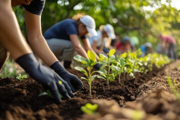 Planting New Life: A Group of Volunteers Working Together to Plant Young Trees in a Garden