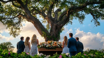 Mourners Gathered Around a Flower-Draped Coffin