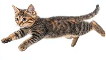 Fototapeta premium Active shorthair cat leaping energetically against a plain backdrop