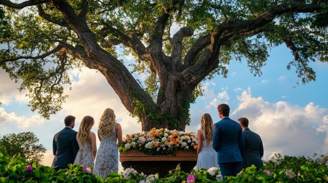 Mourners Gathered Around a Flower-Draped Coffin