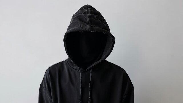 Faceless person in black hoodie against neutral background, anonymity and mystery concept.