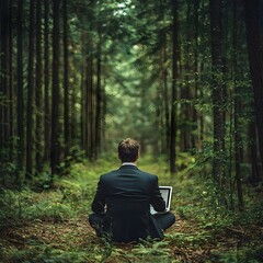 Fototapeta premium Businessman Working Remotely in Serene Forest Environment Connecting Nature and Technology Concepts