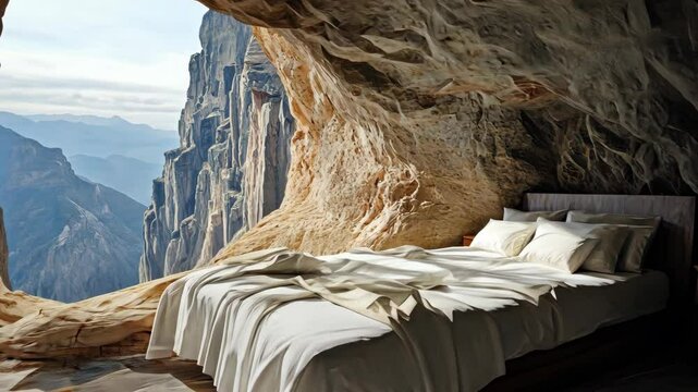 A bed sits in a cave overlooking a stunning mountain range, offering a unique and breathtaking view