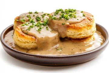 A plate of biscuits smothered in savory gravy and topped with rich gravy sauce