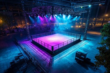 Aerial View of Outdoor Boxing Ring Setup at Night