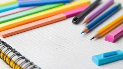 Fototapeta premium Closeup of colorful sticky notes and highlighters on a lined notebook, perfect for study organization tools