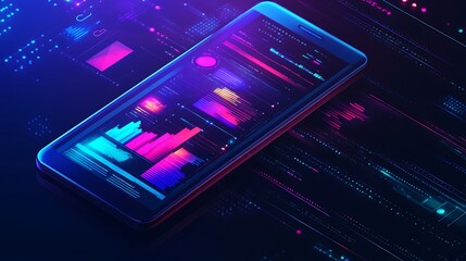 Smartphone Screen with Real Time 3D Bar Graph and Data Tracking neon color photo