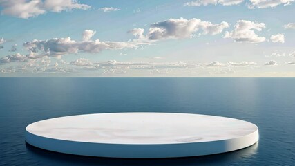 circular platform on serene ocean with cloudy sky, calm seascape concept.