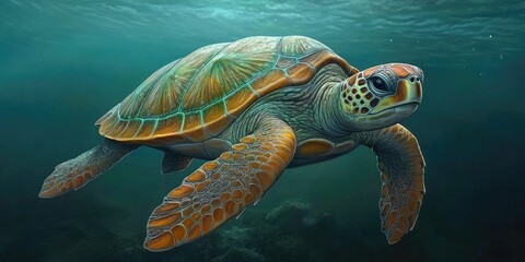Fototapeta premium Realistic Illustration of a Sea Turtle Swimming in the Ocean