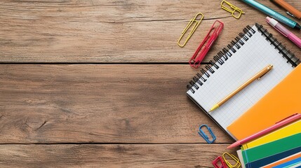 Closeup of spiral notebooks, paperclips, and pens on a wooden table, great for academic supply promotions