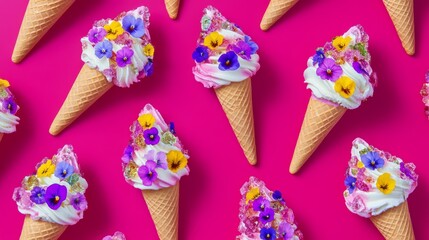 pastel ice cream cones adorned with crystallized violets and marigolds, arranged in a playful...