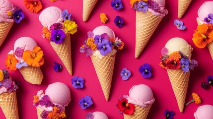 pastel ice cream cones adorned with crystallized violets and marigolds, arranged in a playful pattern against a vibrant crimson backdrop, channeling pop art aesthetics