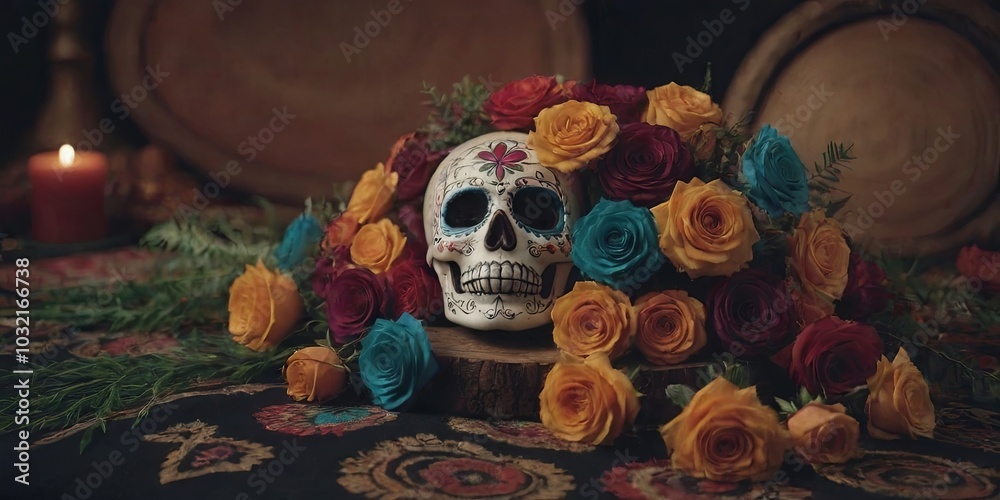 Poster a skull is on a table with flowers and candles
